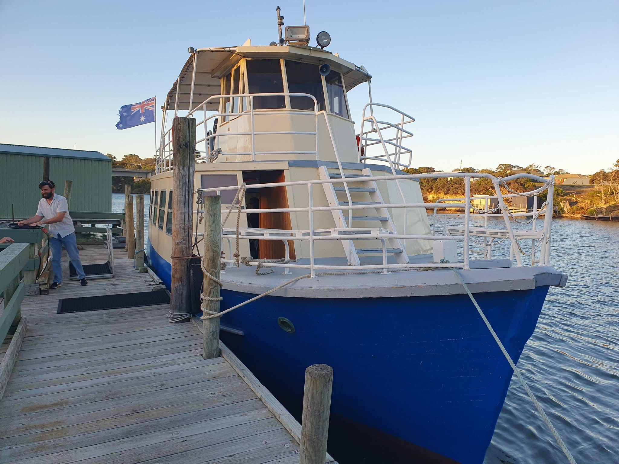 MV Mini Munya moored at the Cruise Terminal jetty on the Glenelg River at Nelson, Victoria